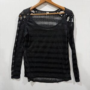 Rip Curl Womens Black Sheer Lace Burnout Long Sleeve Lattice Shoulder Top Medium